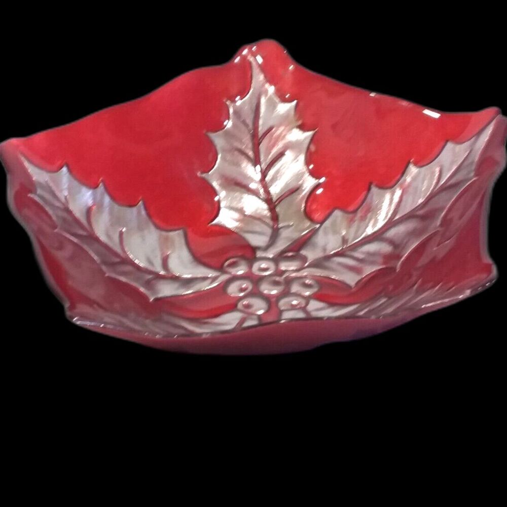 Turkish Red and Silver Glass Poinsettia Bowl/Candy Dish for Holiday or Christmas